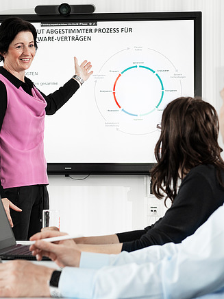 A woman presents something to her team on a screen in a conference room.